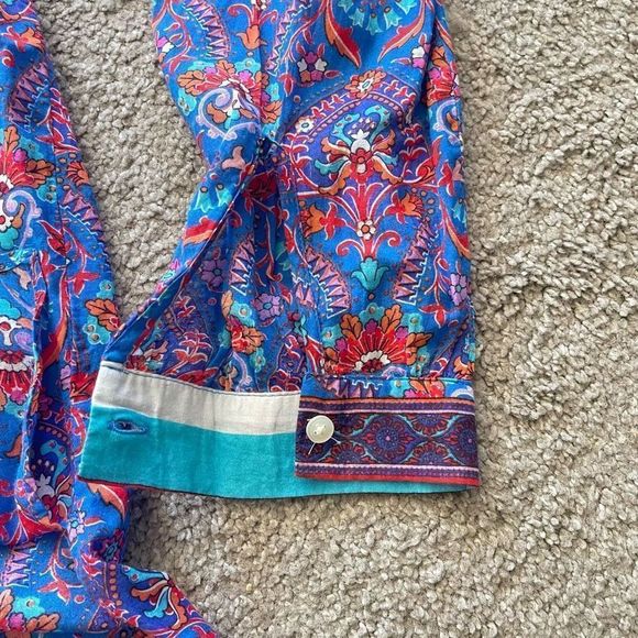 Loft The Softened Shirt Blouse Blue Floral Paisley Boho Henley Size XS - Picture 9 of 11